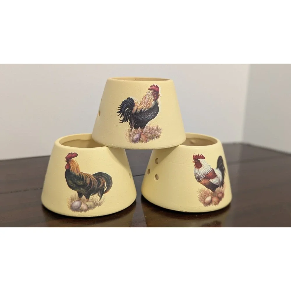 Set of 3 Rooster Ceramic Candle Shades Farmhouse Country Votive Tealight Covers